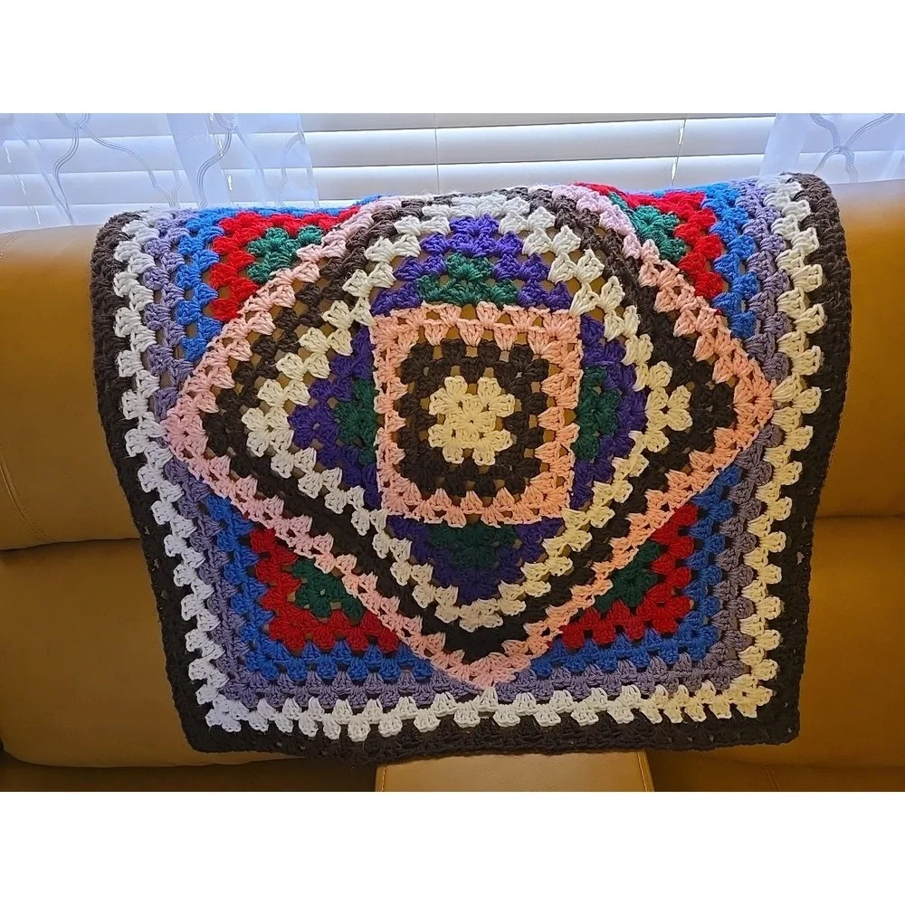 Vtg Handmade Granny‎ Square Crochet Afghan Blanket 30x29 Boho Multi-Color Retro